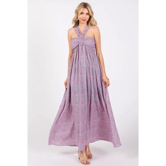 Entro Pink & Green Halter Maxi Dress Size Medium Sundress Formal Bump Friendly - Picture 1 of 13